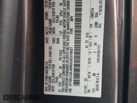 2013 Ford Escape Titanium with VIN 1FMCU0J95DUD31827, listed as a Copart auction lot 50052385 with 103,348 mi miles and Salvage Title. Bid and sale history available at carsss.com. Image 12.