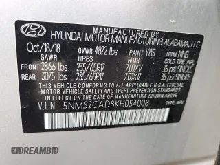 2019 Hyundai Santa Fe SE with VIN 5NMS2CAD8KH054008, listed as a Copart auction lot 65725175 with 84,352 mi miles and Clean title. Bid and sale history available at DreamBid. Image 13.