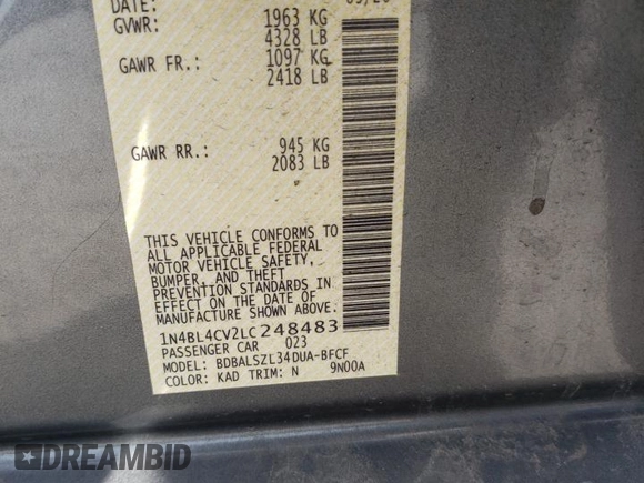 2020 Nissan Altima 2.5 SR with VIN 1N4BL4CV2LC248483, listed as a Copart auction lot 49712405 with 72,027 mi miles and Salvage Title. Bid and sale history available at carsss.com. Image 14.