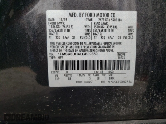 2020 Ford Explorer XLT with VIN 1FMSK8DH4LGB09859, listed as a Copart auction lot 50464775 with 42,541 mi miles and Salvage Title. Bid and sale history available at carsss.com. Image 13.