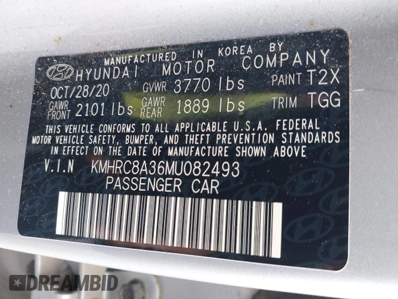 2021 Hyundai Venue SEL with VIN KMHRC8A36MU082493, listed as a IAAI auction lot 42255962 with 53,818 mi miles and . Bid and sale history available at DreamBid. Image 9.