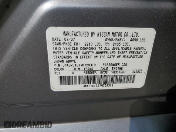 2007 Infiniti G35 Journey with VIN JNKBV61E47M729319, listed as a Copart auction lot 70563834 with 250,759 mi miles and Salvage Title. Bid and sale history available at DreamBid. Image 13.