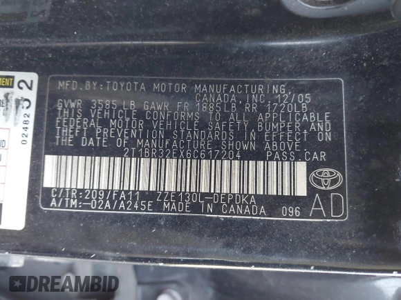 2006 Toyota Corolla CE with VIN 2T1BR32EX6C617204, listed as a IAAI auction lot 41684379 with 299,999 mi miles and . Bid and sale history available at DreamBid. Image 9.