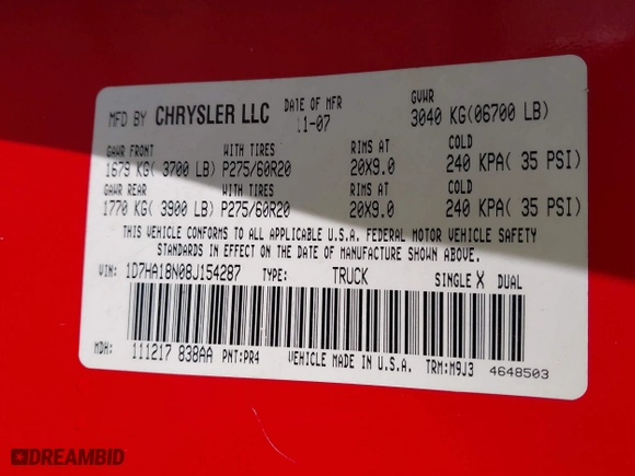 2008 Dodge Ram 1500 SLT with VIN 1D7HA18N08J154287, listed as a IAAI auction lot 41278429 with 223,650 mi miles. Bid and sale history available at carsss.com. Image 9.