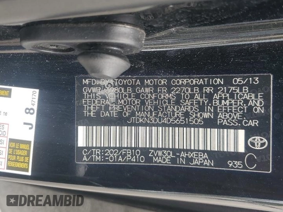 2013 Toyota Prius One with VIN JTDKN3DU4D5651505, listed as a Copart auction lot 54794035 with 176,101 mi miles and Salvage Title. Bid and sale history available at DreamBid. Image 12.