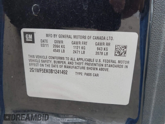 2011 Chevrolet Impala LS Fleet with VIN 2G1WF5EK0B1241492, listed as a IAAI auction lot 41831448 with 311,904 mi miles and . Bid and sale history available at DreamBid. Image 9.