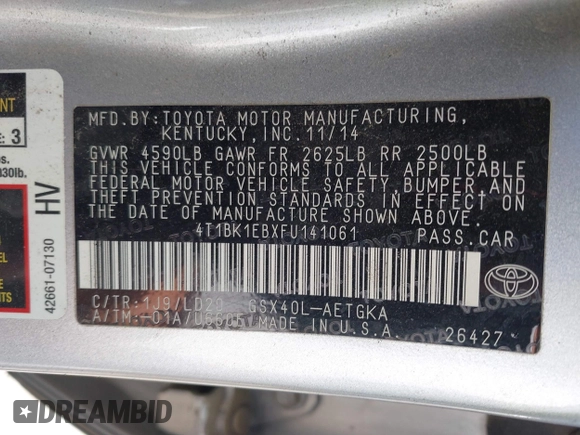 2015 Toyota Avalon Limited with VIN 4T1BK1EBXFU141061, listed as a IAAI auction lot 41943384 with Not Provided miles and . Bid and sale history available at DreamBid. Image 9.