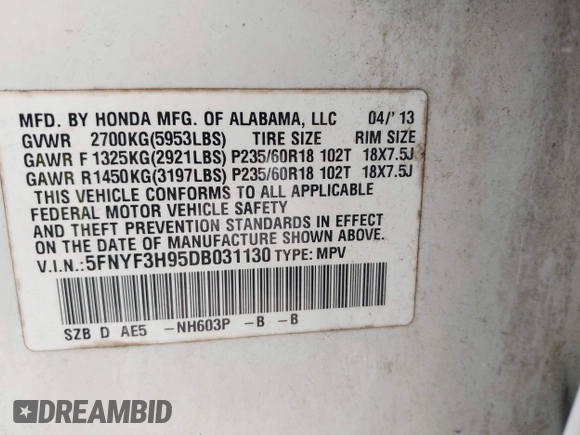 2013 Honda Pilot Touring with VIN 5FNYF3H95DB031130, listed as a IAAI auction lot 42669792 with 255,280 mi miles and . Bid and sale history available at DreamBid. Image 9.