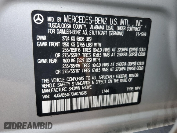 1999 Mercedes-Benz M 320/430/500 with VIN 4JGAB54E7XA078616, listed as a Copart auction lot 55301695 with 137,918 mi miles and Salvage title. Bid and sale history available at DreamBid. Image 13.