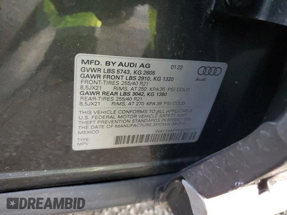 2022 Audi SQ5 Sportback Premium with VIN WA114AFY5N2052757, listed as a Copart auction lot 39362974 with 17,354 mi miles and . Bid and sale history available at DreamBid. Image 15.
