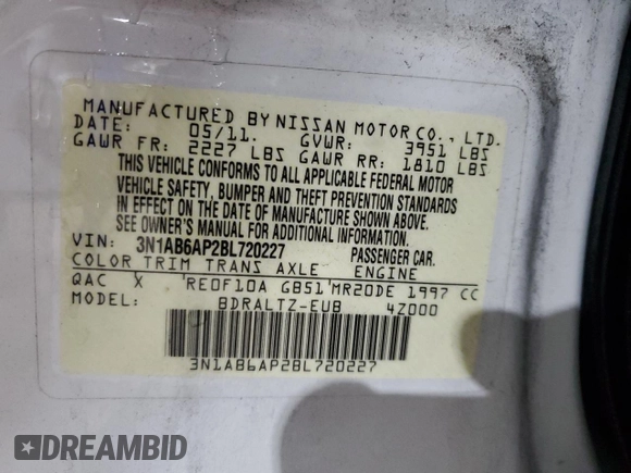 2011 Nissan Sentra SL with VIN 3N1AB6AP2BL720227, listed as a Copart auction lot 81749744 with 159,003 mi miles and Salvage Title. Bid and sale history available at DreamBid. Image 12.
