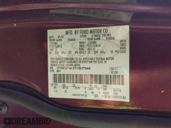 2007 Ford Explorer Eddie Bauer с VIN 1FMEU74E57UB37944, выставлен на аукционе IAAI как лот 42606798 с пробегом 151 402 миль миль и . История ставок и продаж доступна на DreamBid. Изображение 9.