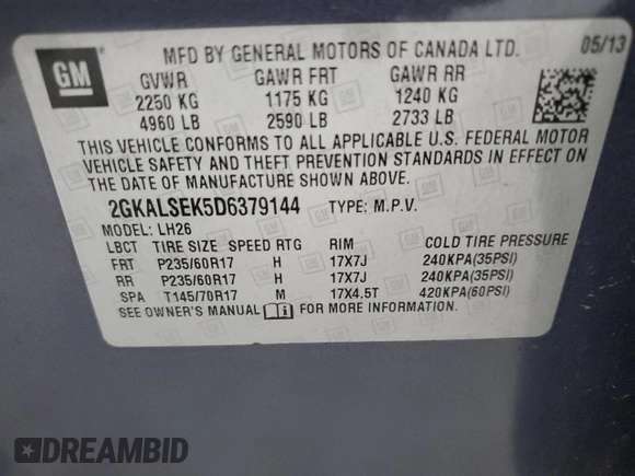 2013 GMC Terrain SLE with VIN 2GKALSEK5D6379144, listed as a Copart auction lot 62677695 with 202,897 mi miles and Clean title. Bid and sale history available at DreamBid. Image 13.
