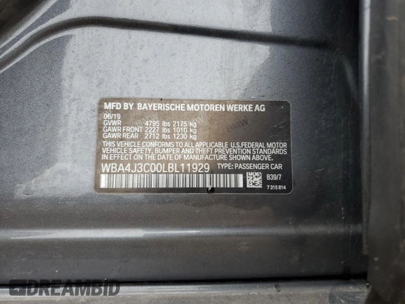 2020 BMW 4 Series 430i xDrive with VIN WBA4J3C00LBL11929, listed as a Copart auction lot 52501055 with 141,791 mi miles and Salvage title. Bid and sale history available at DreamBid. Image 14.