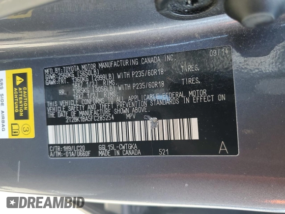 2015 Lexus RX 350 with VIN 2T2BK1BA5FC285254, listed as a Copart auction lot 60932825 with 137,400 mi miles and Salvage title. Bid and sale history available at DreamBid. Image 13.