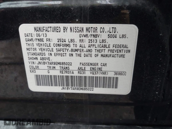 2014 Infiniti Q50 Premium with VIN JN1BV7AR9EM685022, listed as a IAAI auction lot 39874056 with 95,980 mi miles and . Bid and sale history available at DreamBid. Image 9.