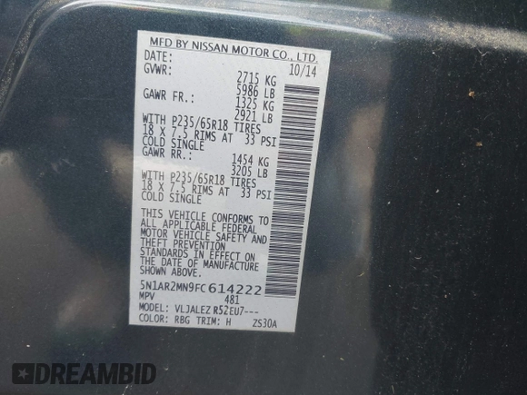 2015 Nissan Pathfinder Platinum with VIN 5N1AR2MN9FC614222, listed as a IAAI auction lot 42679882 with 178,779 mi miles and . Bid and sale history available at DreamBid. Image 9.