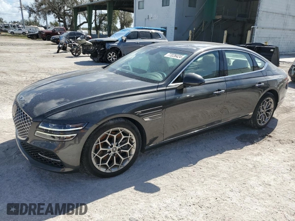 2023 Genesis G80 2.5T with VIN KMTGB4SC4PU152729, listed as a Copart auction lot 77028424 with 7,558 mi miles and Salvage Title. Bid and sale history available at carsss.com. Image 1.