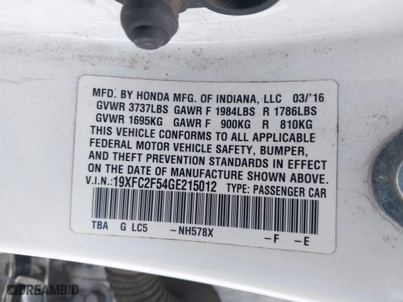 2016 Honda Civic Sedan LX with VIN 19XFC2F54GE215012, listed as a IAAI auction lot 42046334 with 146,348 mi miles. Bid and sale history available at carsss.com. Image 9.