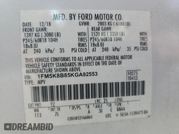 2019 Ford Explorer с VIN 1FM5K8B85KGA92553, выставлен на аукционе Copart как лот 62819195 с пробегом 85 093 миль миль и Списание • Salvage title. История ставок и продаж доступна на DreamBid. Изображение 12.