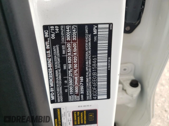2018 Mercedes-Benz GLS 450 with VIN 4JGDF6EE0JB158461, listed as a Copart auction lot 50758184 with 43,120 mi miles and Salvage Title. Bid and sale history available at DreamBid. Image 14.