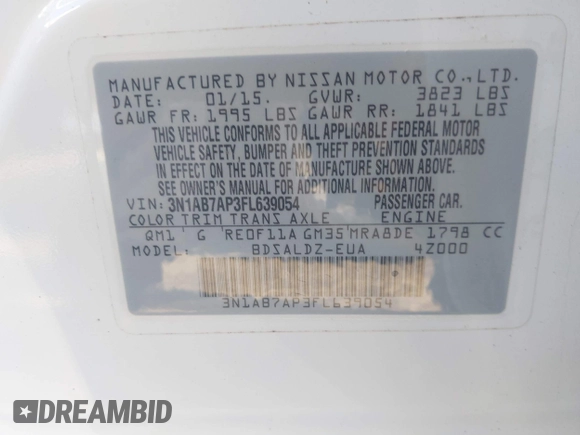 2015 Nissan Sentra SV z VIN 3N1AB7AP3FL639054, wystawiony jako IAAI lot #42489968 z przebiegiem 144 380 mil mil oraz . Historia ofert i sprzedaży dostępna na DreamBid. Obrazek 9.
