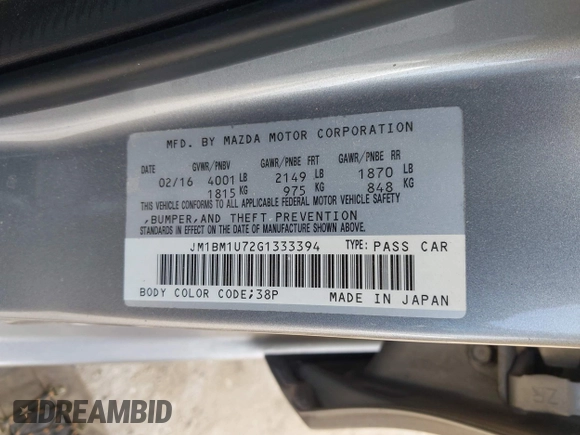 2016 Mazda 3 i Sport with VIN JM1BM1U72G1333394, listed as a IAAI auction lot 42066192 with 216,953 mi miles and . Bid and sale history available at carsss.com. Image 9.