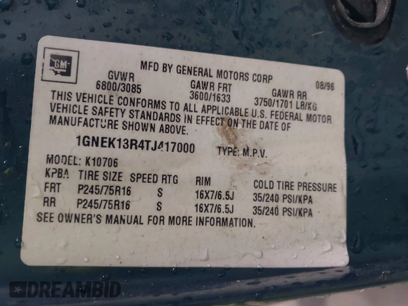 1996 Chevrolet Tahoe z VIN 1GNEK13R4TJ417000, wystawiony jako IAAI lot #41992121 z przebiegiem 166 215 mil mil oraz . Historia ofert i sprzedaży dostępna na DreamBid. Obrazek 9.