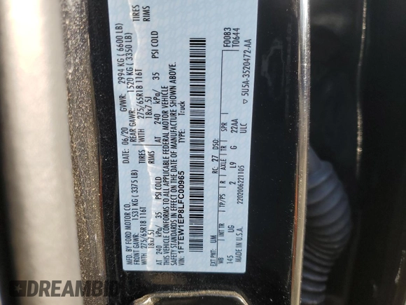 2020 Ford F-150 XL with VIN 1FTEW1EP8LFC00965, listed as a Copart auction lot 42652045 with 92,000 mi miles and Salvage Title. Bid and sale history available at carsss.com. Image 12.