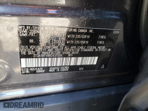 2024 Toyota RAV4 XLE Premium with VIN 2T3A1RFV8RC437554, listed as a Copart auction lot 52642595 with 12,217 mi miles and Salvage Title. Bid and sale history available at carsss.com. Image 13.