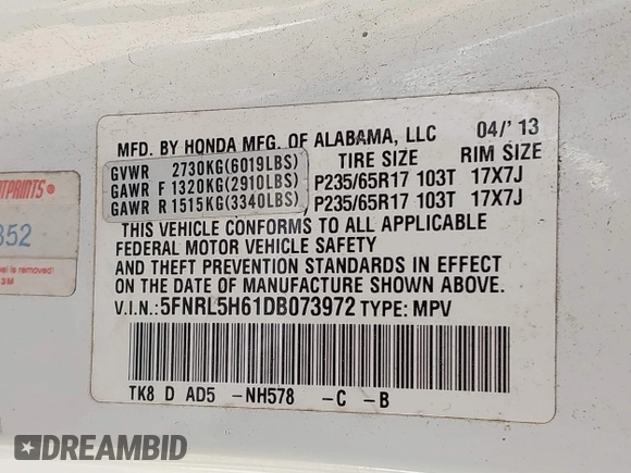 2013 Honda Odyssey EX-L с VIN 5FNRL5H61DB073972, выставлен на аукционе IAAI как лот 41965986 с пробегом 230 150 миль миль и . История ставок и продаж доступна на DreamBid. Изображение 9.
