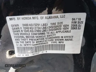2019 Honda Passport EX-L with VIN 5FNYF7H58KB005624, listed as a IAAI auction lot 41344058 with 63,867 mi miles and . Bid and sale history available at carsss.com. Image 9.