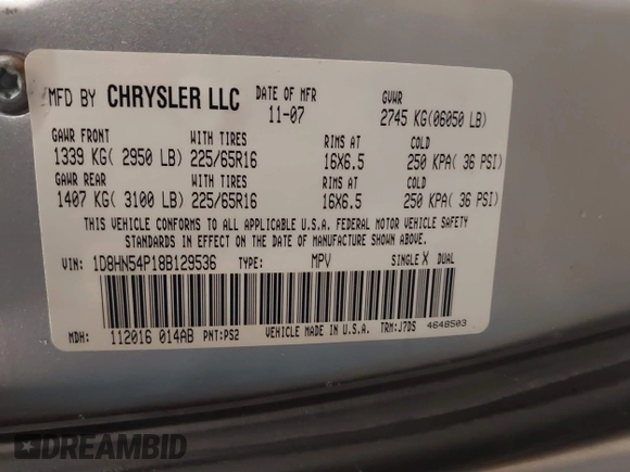 2008 Dodge Grand Caravan SXT with VIN 1D8HN54P18B129536, listed as a IAAI auction lot 41844874 with 260,000 mi miles and . Bid and sale history available at DreamBid. Image 9.