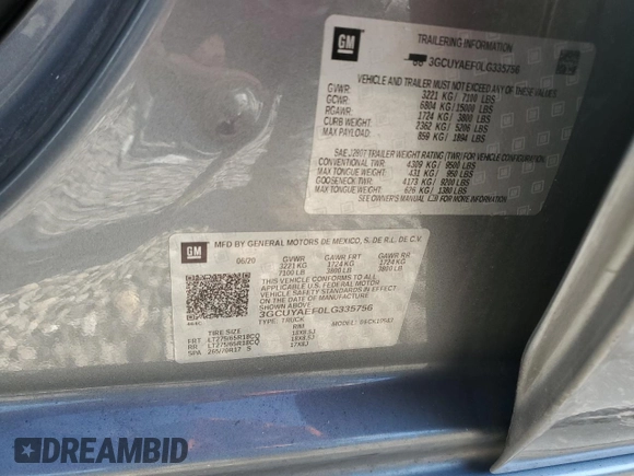 2020 Chevrolet Silverado 1500 Work Truck with VIN 3GCUYAEF0LG335756, listed as a Copart auction lot 75724704 with 79,866 mi miles and Salvage Title. Bid and sale history available at DreamBid. Image 12.