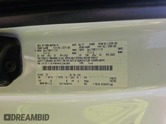 2017 Ford F-150 XL with VIN 1FTEX1EP8HKE24359, listed as a IAAI auction lot 42679134 with 152,160 mi miles and . Bid and sale history available at DreamBid. Image 17.