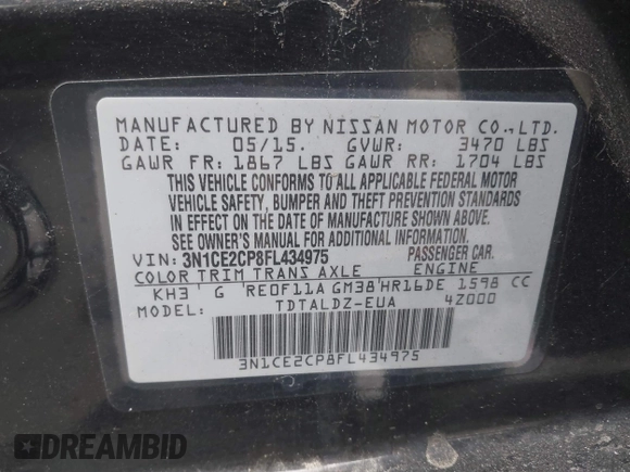 2015 Nissan Note S z VIN 3N1CE2CP8FL434975, wystawiony jako IAAI lot #42444018 z przebiegiem 67 260 mil mil oraz . Historia ofert i sprzedaży dostępna na DreamBid. Obrazek 9.