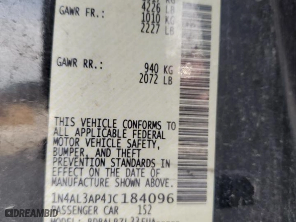 2018 Nissan Altima 2.5 SV with VIN 1N4AL3AP4JC184096, listed as a Copart auction lot 46045205 with 0 mi miles and Salvage Title. Bid and sale history available at carsss.com. Image 13.