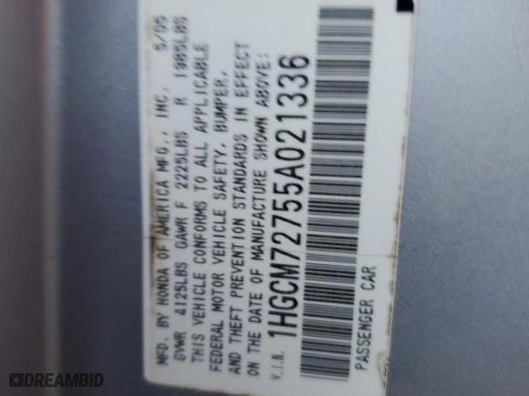 2005 Honda Accord Cpe EX with VIN 1HGCM72755A021336, listed as a Copart auction lot 78848694 with 0 mi miles and Salvage Title. Bid and sale history available at carsss.com. Image 12.