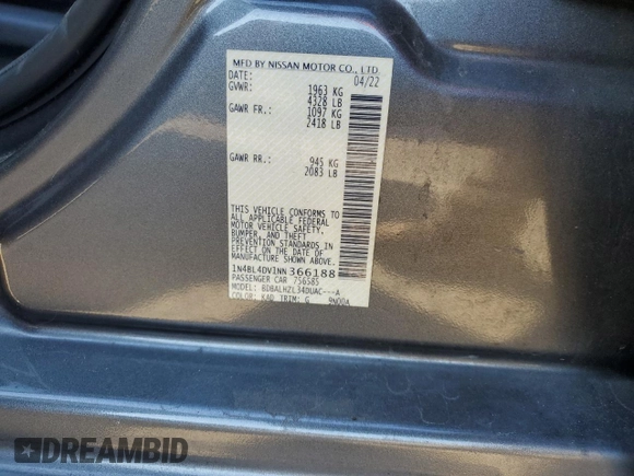 2022 Nissan Altima 2.5 SV with VIN 1N4BL4DV1NN366188, listed as a Copart auction lot 45877095 with 95,085 mi miles and Salvage Title. Bid and sale history available at carsss.com. Image 12.