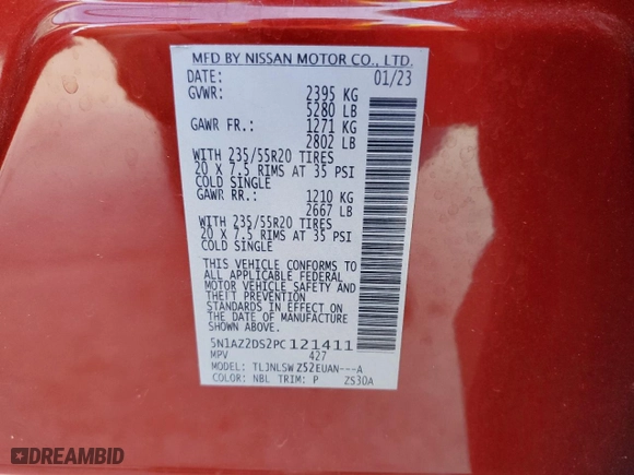 2023 Nissan Murano Platinum with VIN 5N1AZ2DS2PC121411, listed as a Copart auction lot 45659785 with 12,597 mi miles and Salvage Title. Bid and sale history available at carsss.com. Image 14.