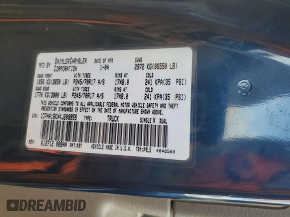 2004 Dodge 1500 ST with VIN 1D7HA16KX4J209959, listed as a Copart auction lot 80193184 with 131,910 mi miles and Salvage Title. Bid and sale history available at DreamBid. Image 12.