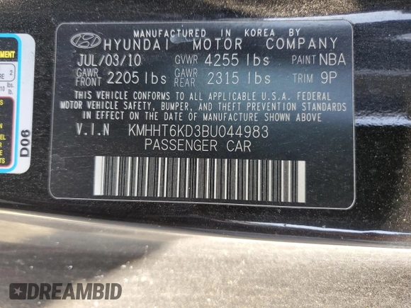 2011 Hyundai Genesis Coupe with VIN KMHHT6KD3BU044983, listed as a Copart auction lot 59171945 with 117,334 mi miles and Salvage title. Bid and sale history available at DreamBid. Image 13.