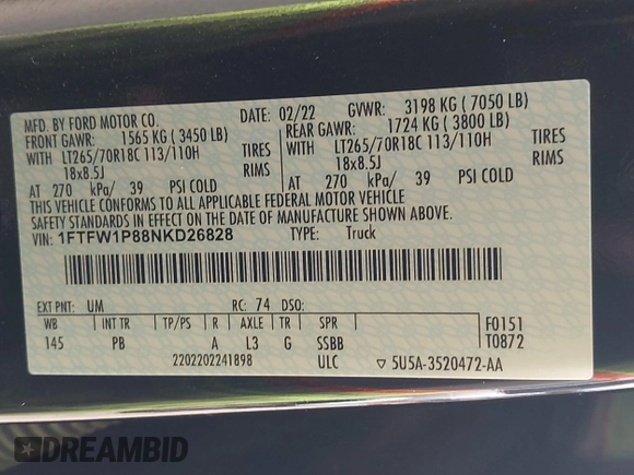 2022 Ford F-150 with VIN 1FTFW1P88NKD26828, listed as a IAAI auction lot 42702457 with 43,327 mi miles and . Bid and sale history available at DreamBid. Image 9.