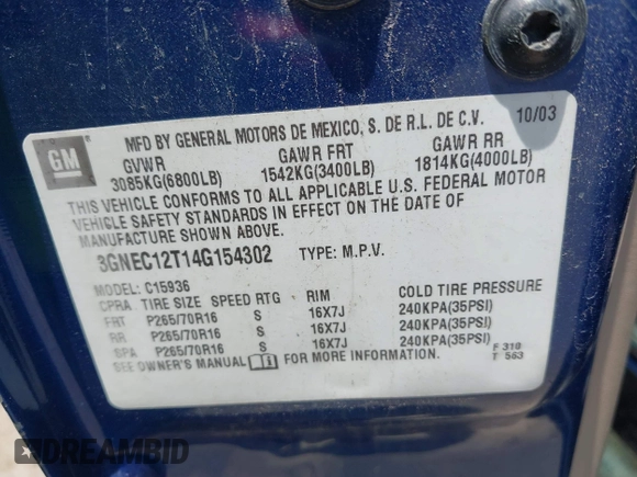 2004 Chevrolet Avalanche Z66 with VIN 3GNEC12T14G154302, listed as a IAAI auction lot 42308631 with Not provided miles and . Bid and sale history available at DreamBid. Image 9.