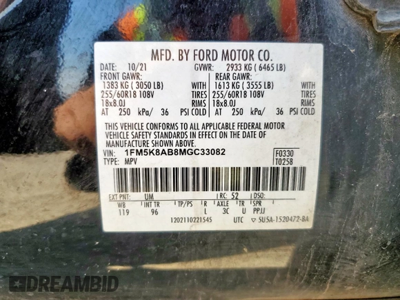 2021 Ford Police Interceptor Utility z VIN 1FM5K8AB8MGC33082, wystawiony jako Copart lot #56519955 z przebiegiem Nie podano mil oraz Szkoda całkowita • Salvage title. Historia ofert i sprzedaży dostępna na DreamBid. Obrazek 12.
