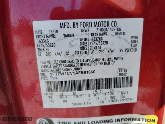 2010 Ford F-150 XL with VIN 1FTFW1CV1AFB91660, listed as a Copart auction lot 46467805 with 299,176 mi miles and Salvage Title. Bid and sale history available at carsss.com. Image 12.
