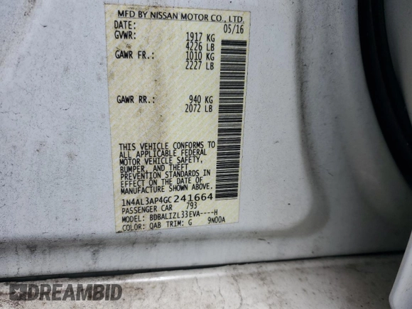 2016 Nissan Altima S with VIN 1N4AL3AP4GC241664, listed as a Copart auction lot 63366345 with 146,197 mi miles and Salvage title. Bid and sale history available at DreamBid. Image 12.