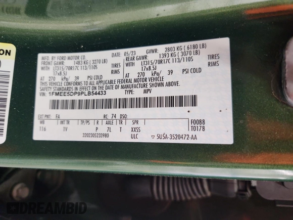 2023 Ford Bronco z VIN 1FMEE5DP9PLB54433, wystawiony jako Copart lot #60074335 z przebiegiem 23 709 mil mil oraz Szkoda całkowita • Salvage title. Historia ofert i sprzedaży dostępna na DreamBid. Obrazek 13.