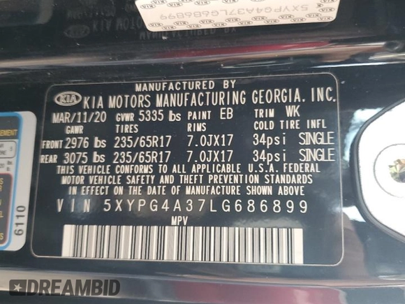 2020 Kia Sorento L with VIN 5XYPG4A37LG686899, listed as a Copart auction lot 51368175 with 45,017 mi miles and Salvage Title. Bid and sale history available at carsss.com. Image 15.