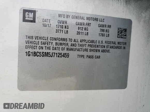 2018 Chevrolet Cruze LS with VIN 1G1BC5SM5J7125459, listed as a Copart auction lot 56994185 with 90,052 mi miles and Clean Title. Bid and sale history available at DreamBid. Image 12.